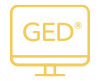 A computer monitor displays the text "GED®" in bold, yellow letters.